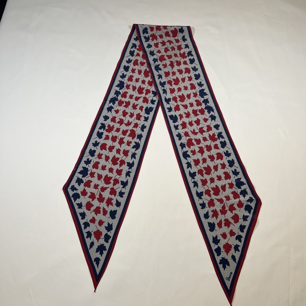Vintage Usna Maple Leaf Print Scarf 62"x 6" Red White Blue